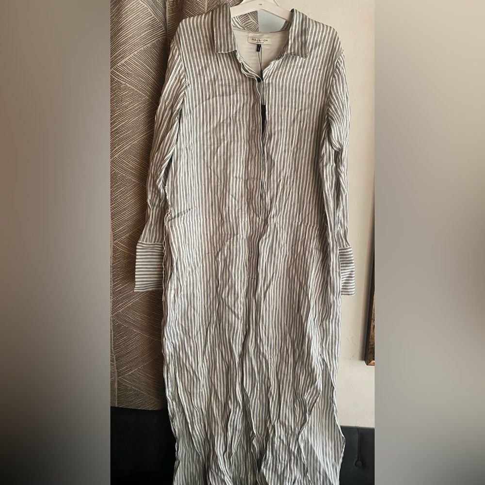 Halston Heritage Linen Long Dress White Striped Pockets Sz 6 NWT Retail $475